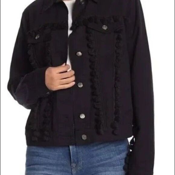 Free The Roses Denim Jean Jacket Black Pom Pom Women's Large Button Up - Picture 2 of 12